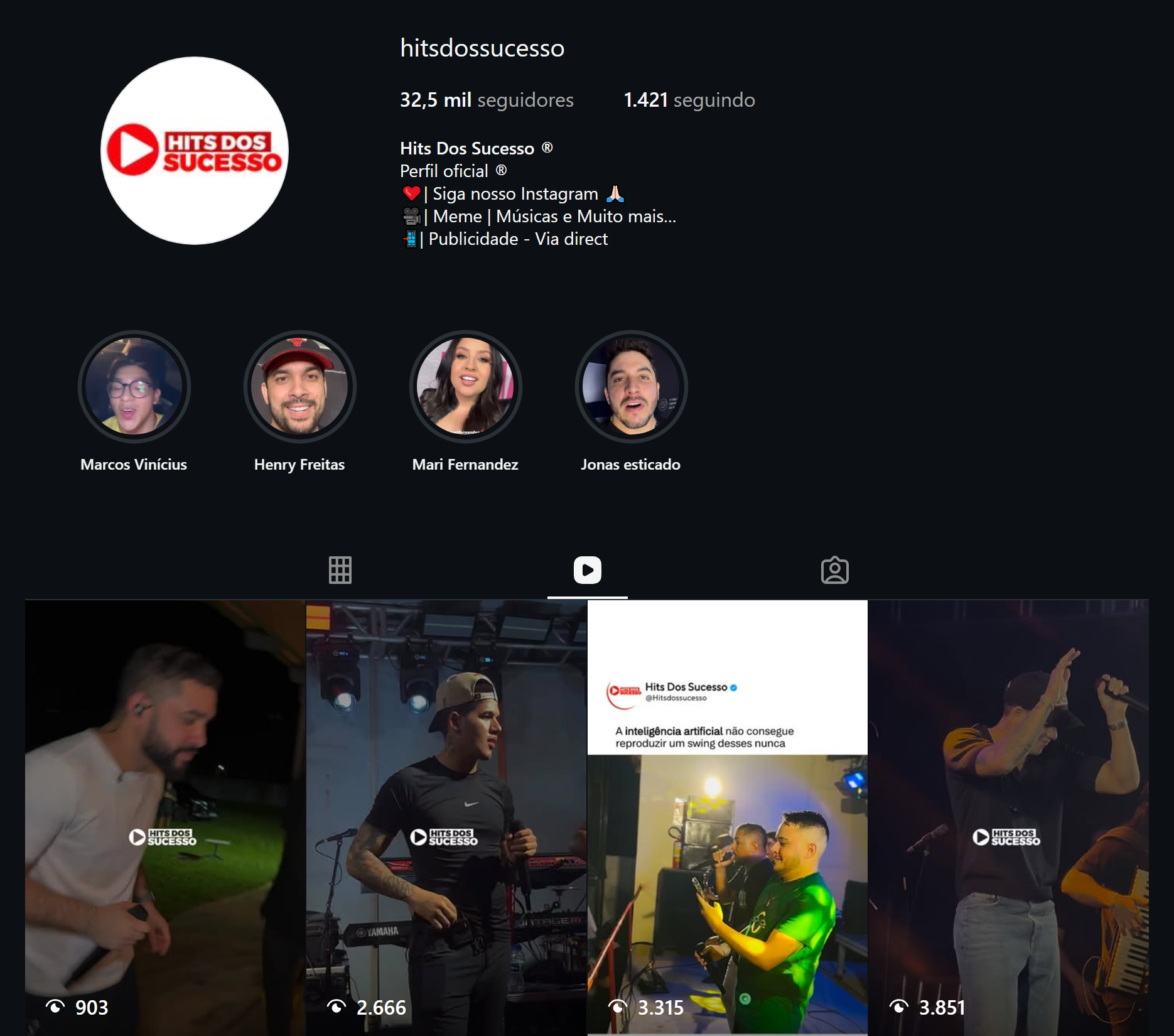 Perfil Instagram @hitsdossucesso 32,5 mil seguidores