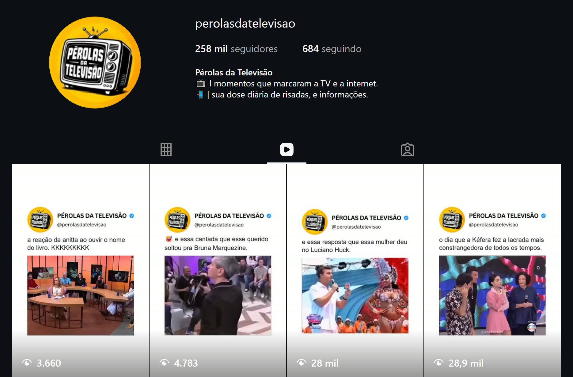 Perfil Instagram @perolasdatelevisao 258 mil seguidores