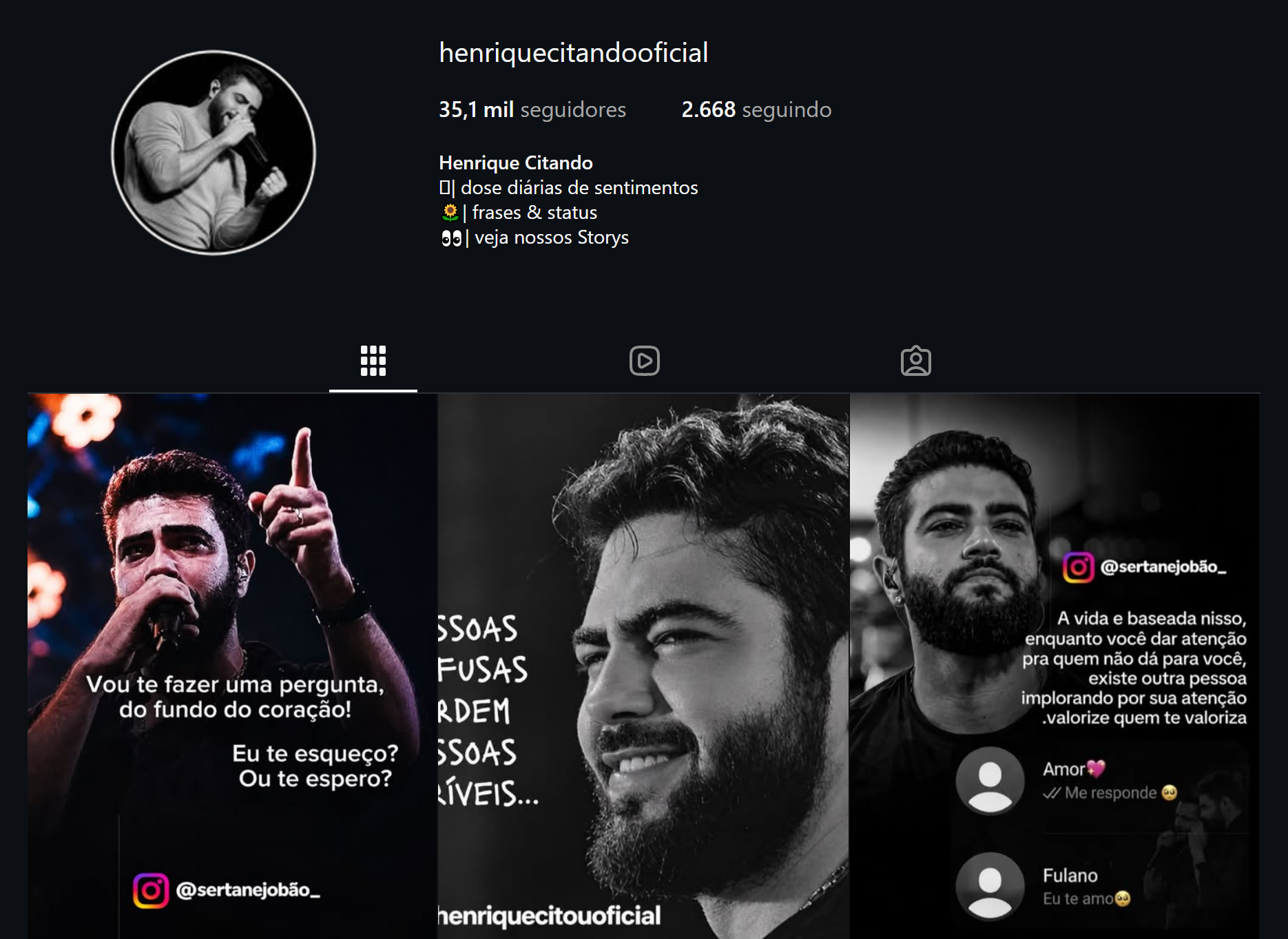 Perfil Instagram @henriquecitandooficial 35,1 mil seguidores