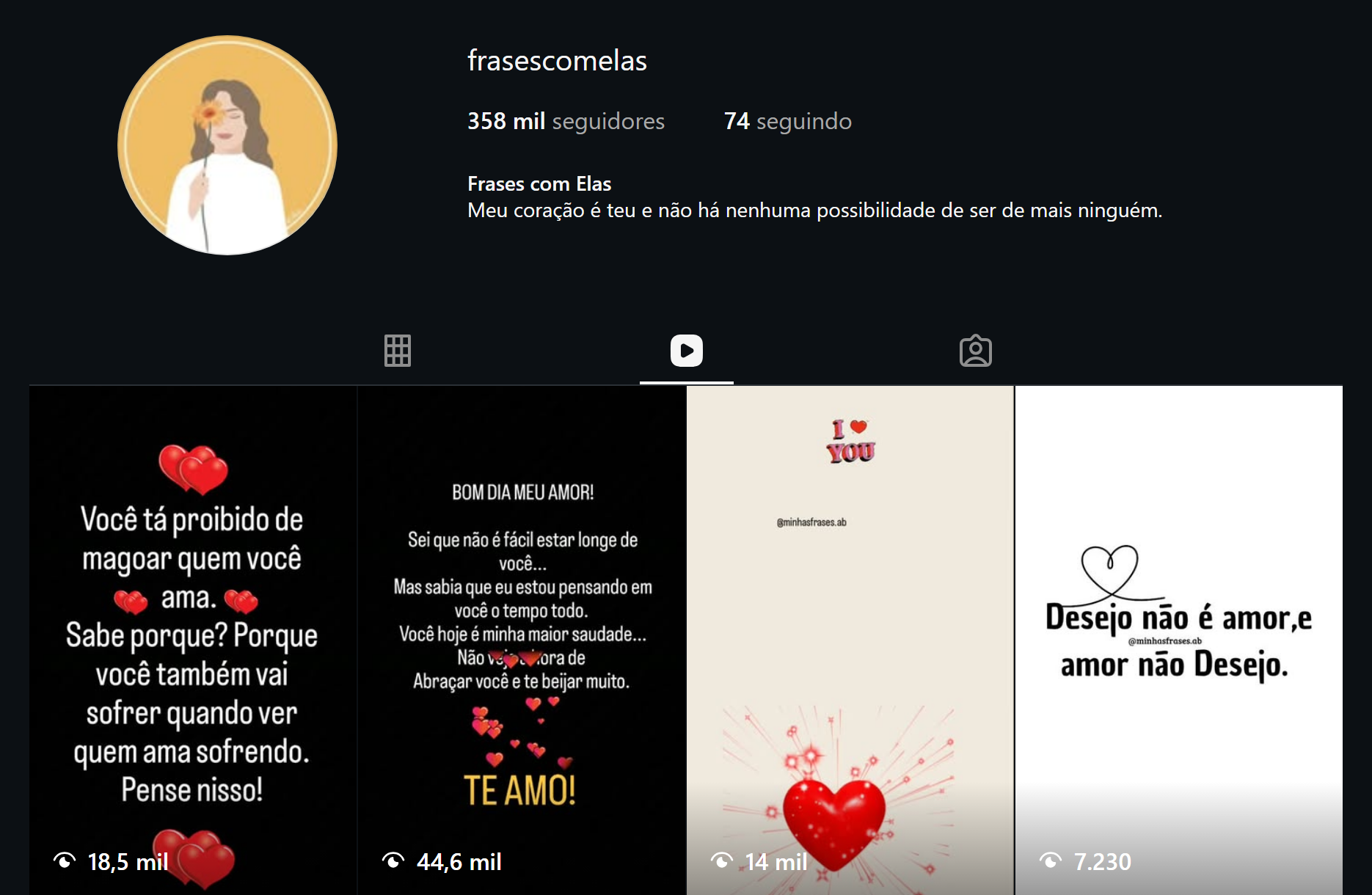 Perfil Instagram @frasescomelas 358 mil seguidores